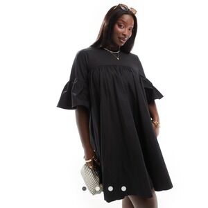 ASOS Design Black Smock Mini Dress Oversized Babydoll Ruffle Sleeve Size 14 NWT